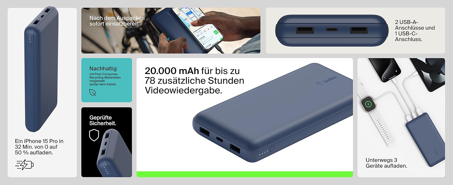 Powerbank Belkin 20000mAh з USB-C та USB-A, 20K, блакитний - для iPhone, Galaxy, Pixel, iPad, AirPods та інші пристрої