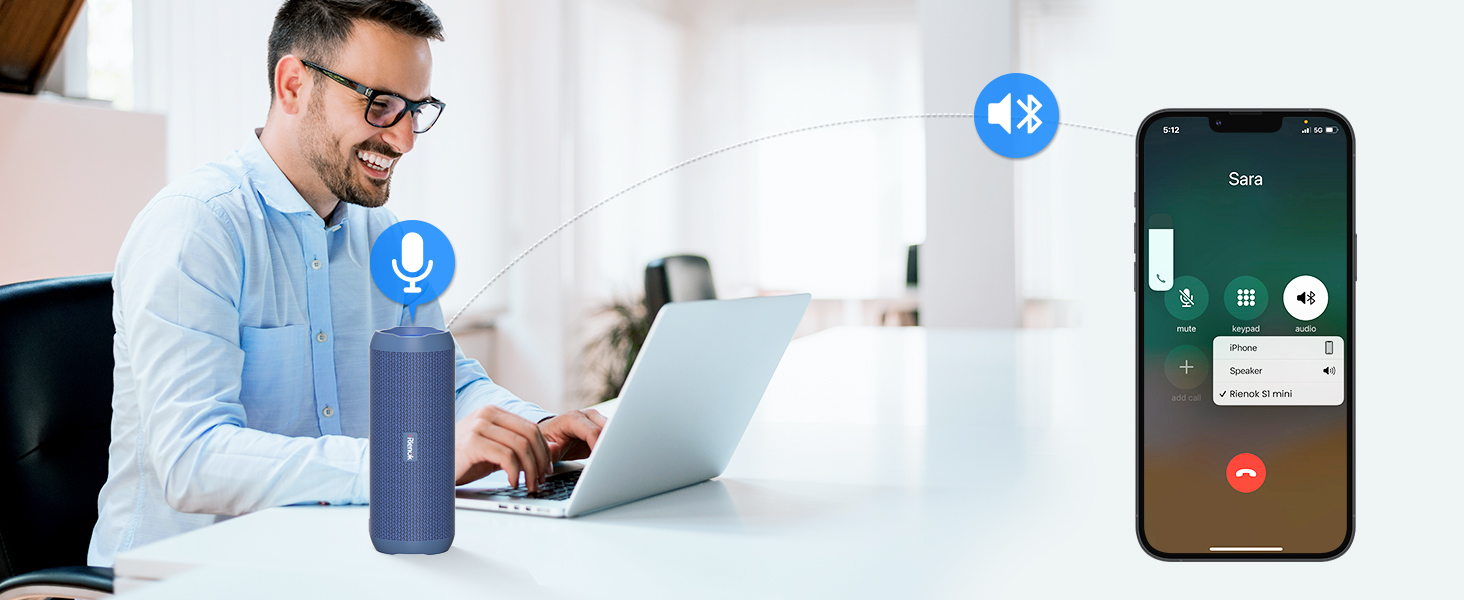 Bluetooth портативна колонка RIENOK з підсвічуванням, IPX7, 3600 mAh, баси, стерео звук (Блакитний)