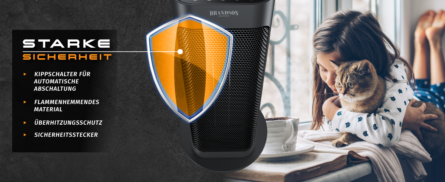Електричний обігрівач Brandson: тихий, енергоефективний, з керамічним нагрівачем та пультом керування. Оснащений термостатом, захистом від перегріву та функцією осциляції. Підходить для ванної, спальні та вітальні. Колір: чорний
