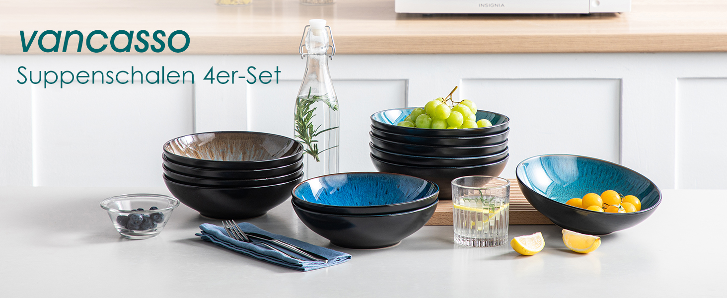 Набір супових тарілок Vancasso Bubble (4 шт.) з кераміки, 950 мл, блакитний