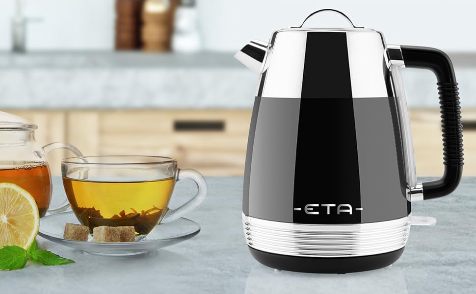 Електричний чайник ETA Storio I, 2200 Вт, 1,7 л, індикатор рівня води, автовимкнення, захист від перегріву, шнур посередині, фільтр, чорний