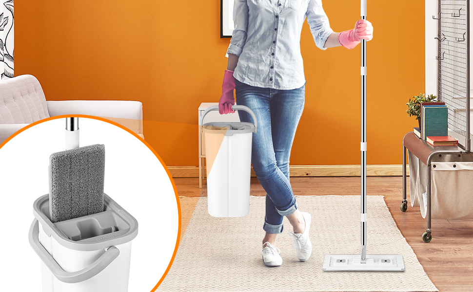 Набір для миття підлоги з відром GIOVARA: моп з відром, система віджиму, мікрофібра, 6 насадок, для всіх типів підлоги, білий
