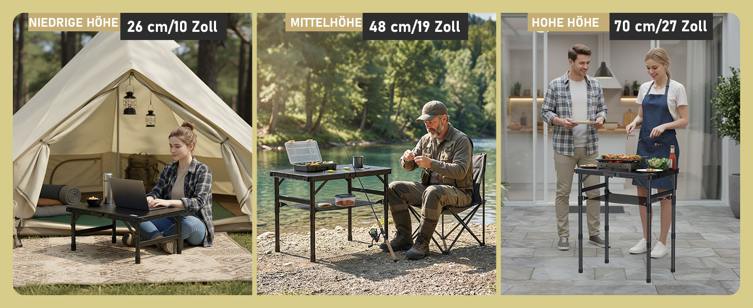 Складний кемпінговий стіл Anbte 58x40 см, алюмінієвий каркас, чорний пластиковий стіл з регульованою висотою (26/48/70 см) для пікніка, саду, балкону з сіткою для зберігання