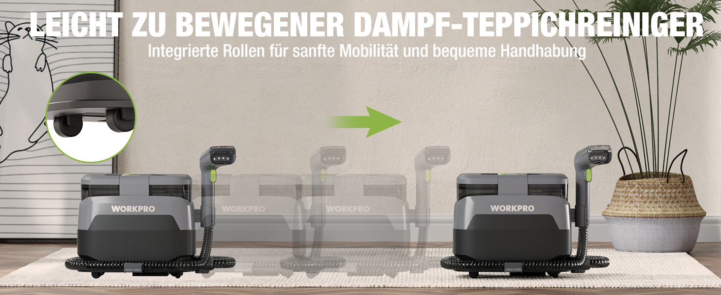 WORKPRO Мийний пилосос для килимів та м'яких меблів, 16 kPa, 4 режими очищення, насадки для килимів, диванів, матраців, вікон, видалення тваринських плям