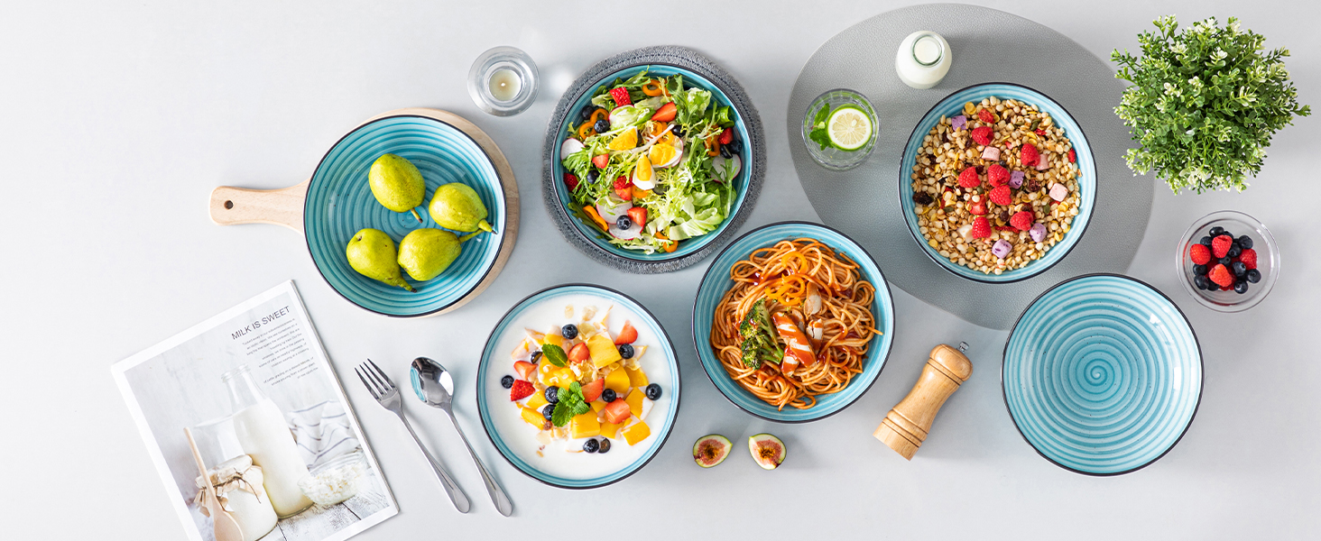 Набір супових тарілок Vancasso Bonbon (6 шт.), супові миски з кераміки, об'єм 1500 мл, глибокі тарілки для пасти, салатники, придатні для миття в посудомийній машині та використання в мікрохвильовій печі, блакитні