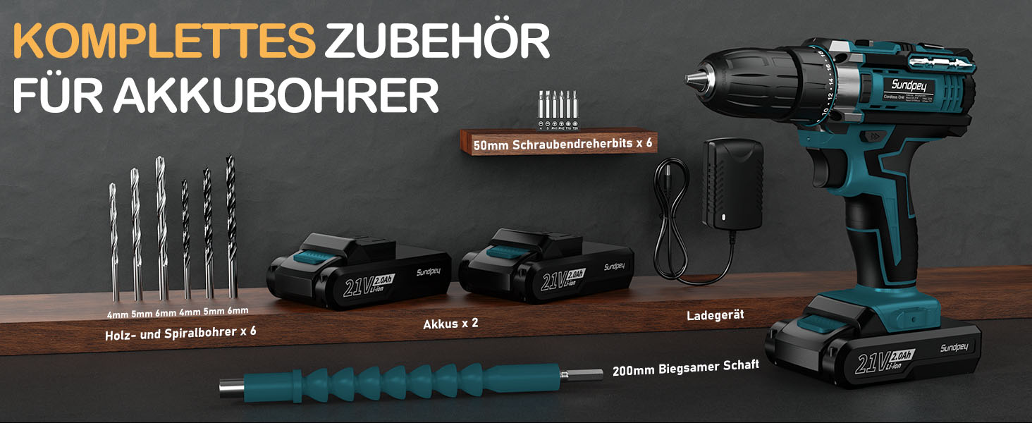 Акумуляторний шуруповерт Sundpey 21V з 2x2000mAh акумулятором, 45 Нм, 2 швидкості, 18+1 момент, патрон 10мм, набір 19шт для дому та DIY, блакитний