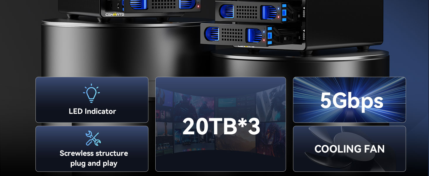 Корпус для жорстких дисків CENMATE з трьома відсіками для 2.5'/3.5' SATA HDD/SSD з USB 3.0, без інструментів, Daisy Chain, DAS (не RAID/NAS)