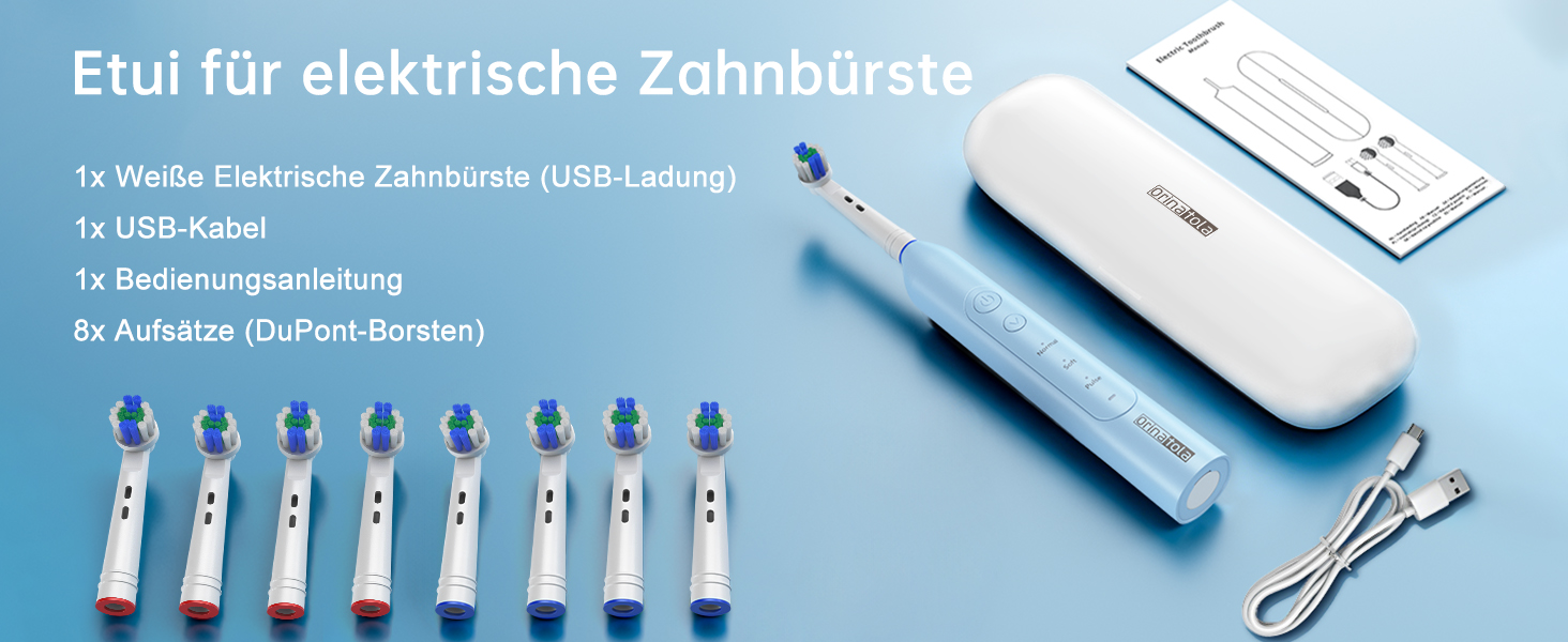 Електрична зубна щітка для дорослих Rotierende з 8 насадками, 3 режимами чищення, акумулятором на 50 днів та Smart-таймером 2 хв - Чорна