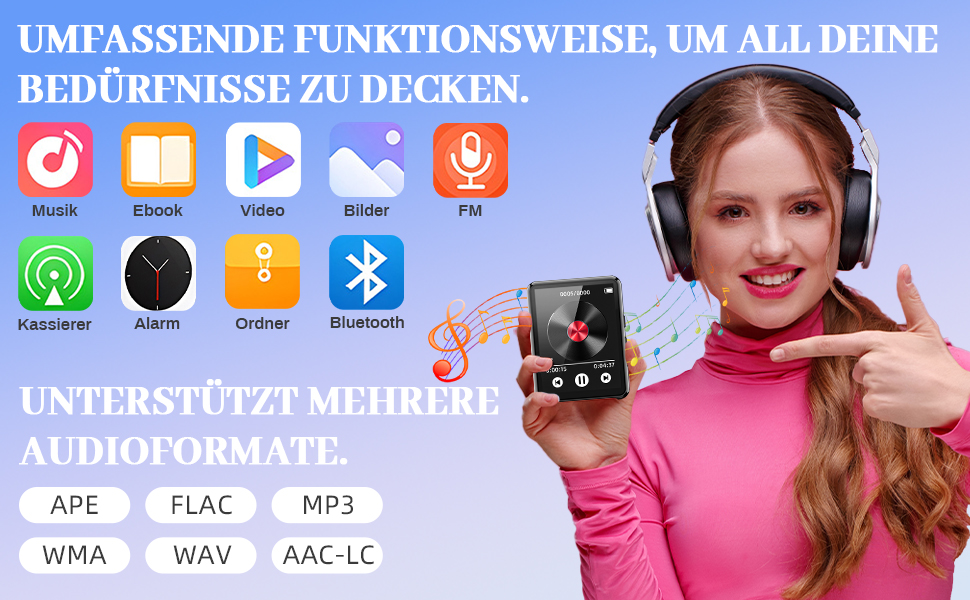MP3-плеєр 128GB з Bluetooth, портативний музичний плеєр з динаміком, 2.4' Full Touch Screen, HiFi звук, FM радіо, записувач, кабельні навушники в комплекті, для бігу, фітнесу T5-MP3