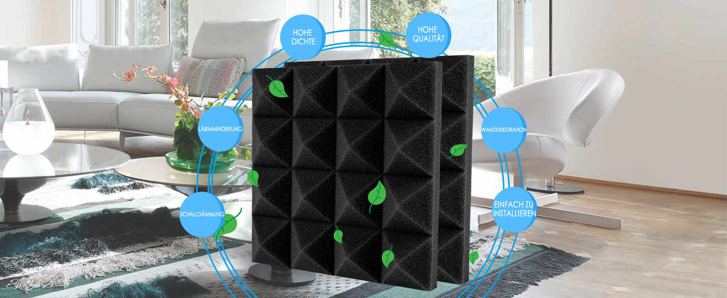 Звукопоглинаючі панелі AGPtEK, акустичний поролон для студії, офісу та кімнати (25 x 25 x 5 см, 24 шт), чорний