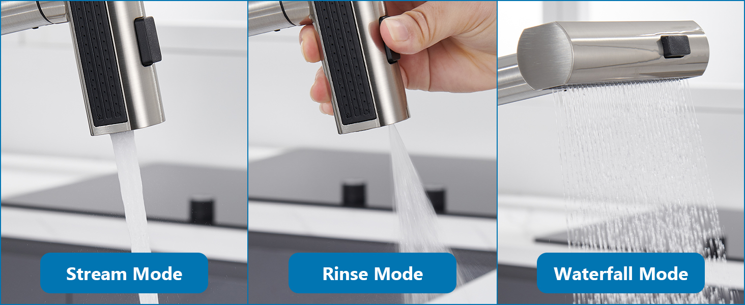 Чорний кухонний змішувач з висувною лійкою, водоспад, високий тиск, 3 режими, 360° поворот, нержавіюча сталь (нікель)