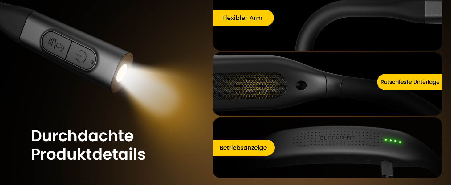 Glocusent Лампа для читання на шиї з 100 годин освітлення, захищає зір | Регульована колірна температура та 5 рівнів яскравості, легка лампа для ліжка, шиття, ремонту