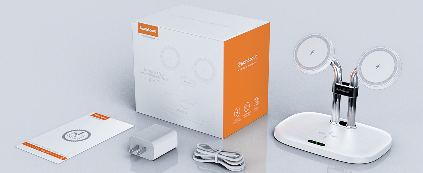 Бездротова зарядка SwanScout для iPhone 17/Air, AirPods Pro 3/2, 2 телефони (біла)