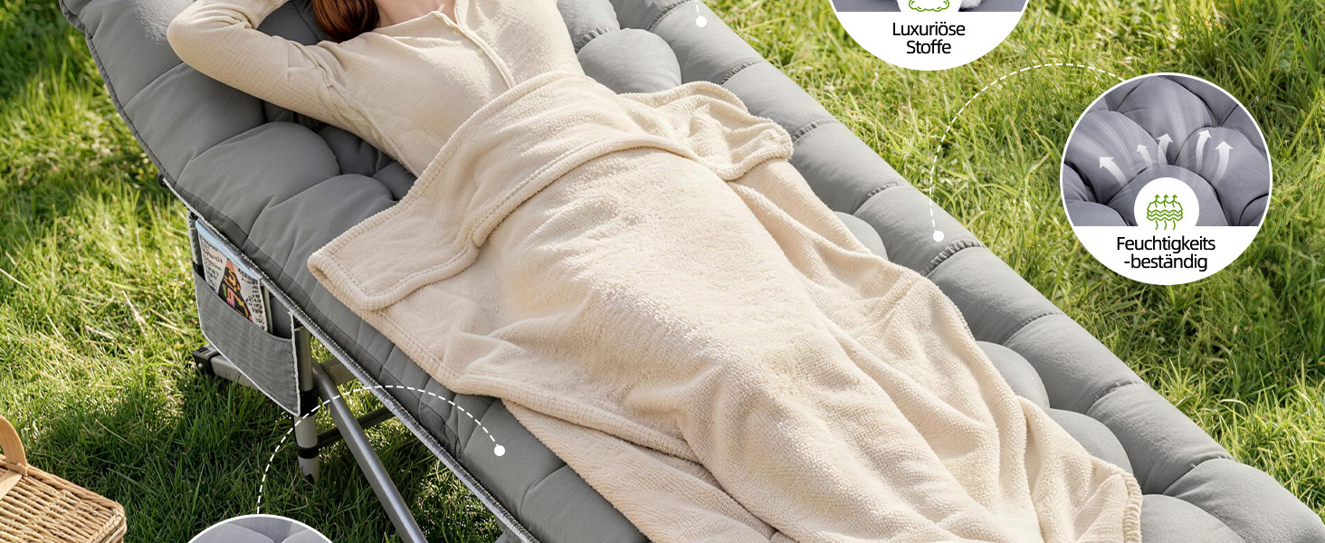 Складане кемпінгове ліжко Feldbett XXL з матрацом (літо/зима), посилене розкладне ліжко для відпочинку, садів та наметів, витримує до 280 кг, сіре, великий розмір