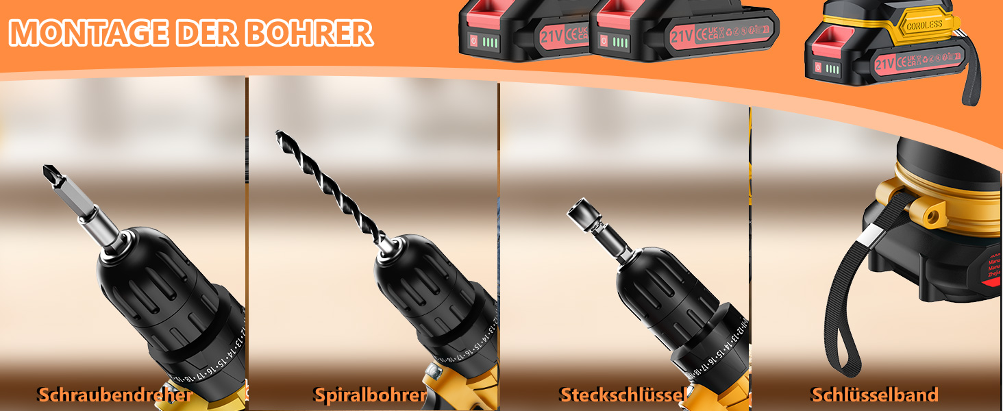 Акумуляторний шуруповерт 21V з акумулятором 4000mAh, 45Nm, 25+3 положення, 2 швидкості, LED, 2 акумулятори 2.0Ah, зарядний пристрій, для дому та саду, DIY проєкти (жовтий)