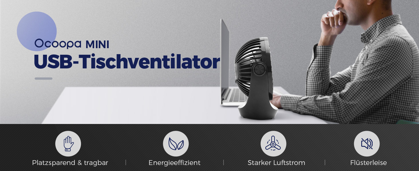 USB вентилятор OCOOPA: компактний настільний вентилятор з потужним потоком повітря та тихим режимом роботи. 3 швидкості, 360° обертання, портативний для офісу, дому та відпочинку на природі (чорний)