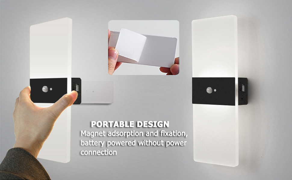 LED настінний світильник VOMI з датчиком руху, акумуляторний, бездротовий, USB зарядка, 4000mAh, для коридору та сходів, 2 білих світлодіодів, 6000K