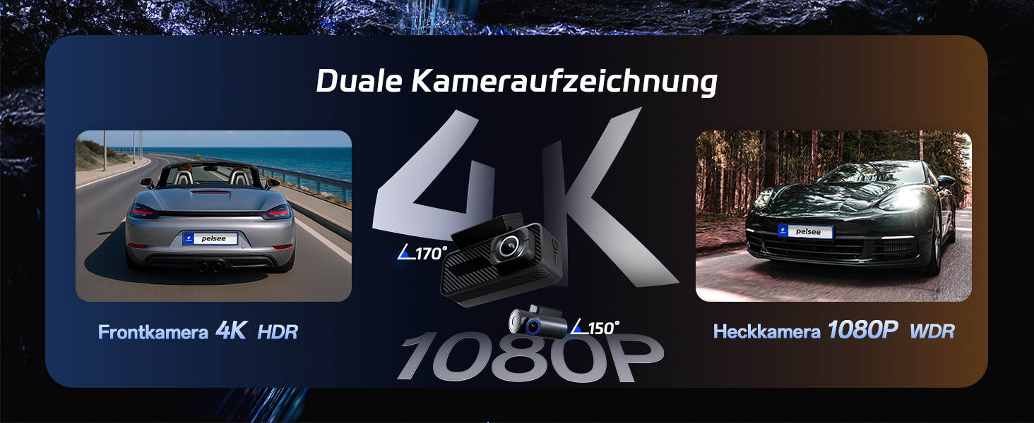 Автомобільний відеореєстратор Pelsee 4K Dashcam (передній та задній) з сенсором STARVIS 2, 3.39'' IPS дисплеєм, 24Гн паркуванням, 5.8GHz WiFi, HDR, WDR, ADAS, GPS та карткою пам'яті 64ГБ