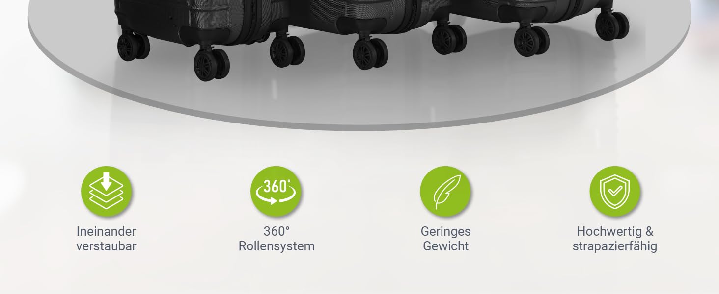 Набір валіз Juskys Hartschale 4 шт. з кодовим замком, тихі колеса 360°, телескопічна ручка, легкі - Чорний колір