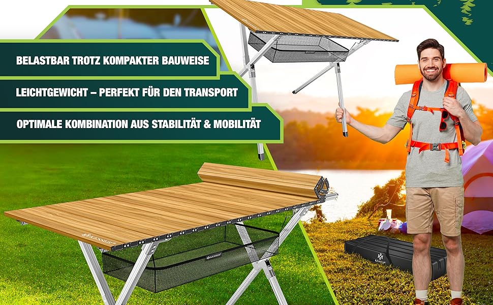 Складний кемпінговий стіл KESSER® 120x70 см з алюмінієвим каркасом та стільницею під дерево, до 100 кг, з сумкою для транспортування