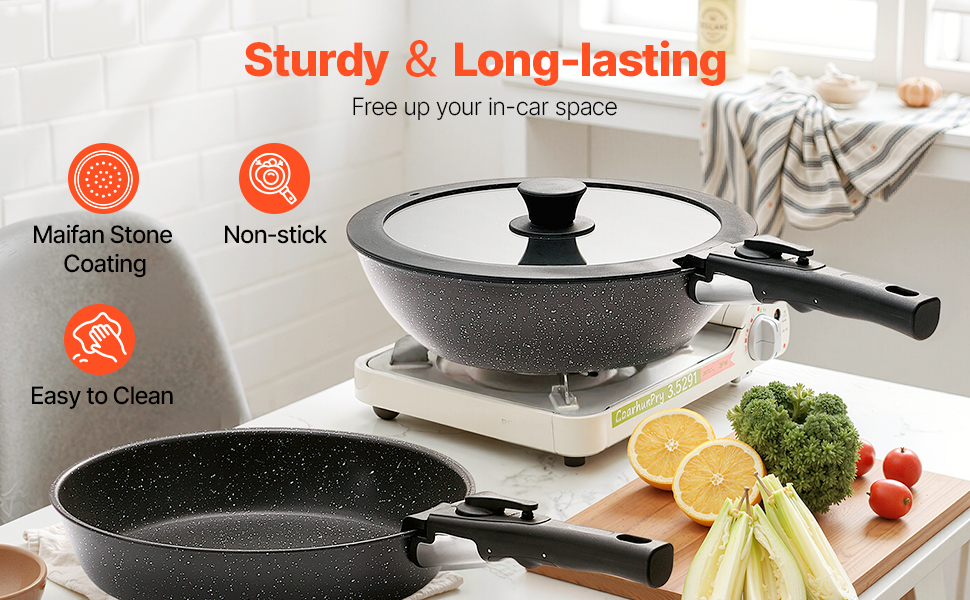 Каструля VEVOR з кришкою (індукційна, антипригарна, чорна, зі знімною ручкою) для кухні кемпера/автобудинку