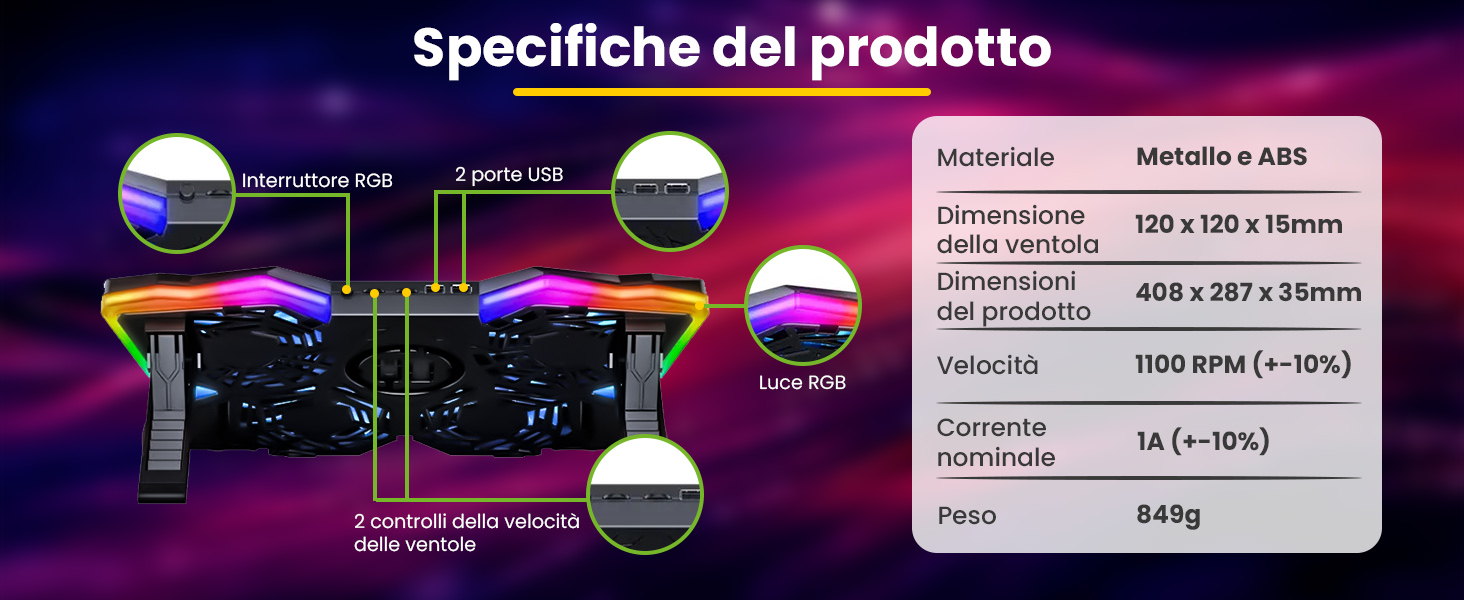 Охолоджувач для ноутбука Offgridtec K25 Pro, підставка з 4 тихими вентиляторами (1100 об/хв), 2 USB-порти, регулювання висоти, ергономічний дизайн для геймерських ноутбуків та консолей 10-17 дюймів, синій