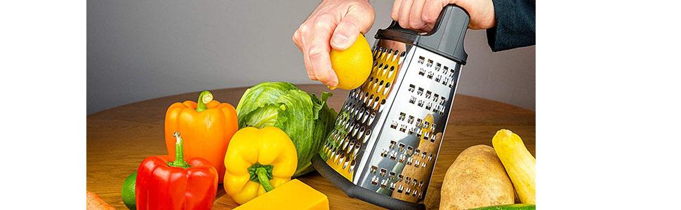 Нержавійна тертка з 4 сторонами для кухні: грубе та дрібне тертя, для овочів, фруктів, сиру, придатна для миття в посудомийній машині (чорний)