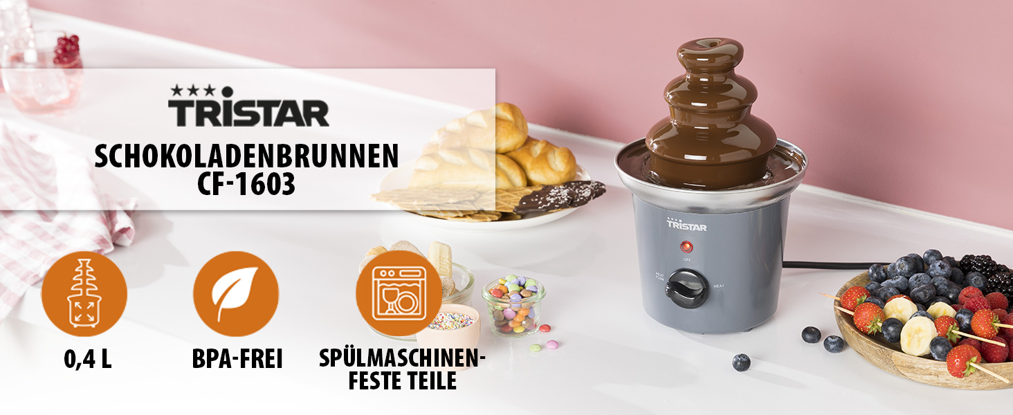 Шоколадний фонтан Tristar CF-1603 з нержавіючої сталі, 3 рівні, 0,4 л, функція підігріву, 32 Вт