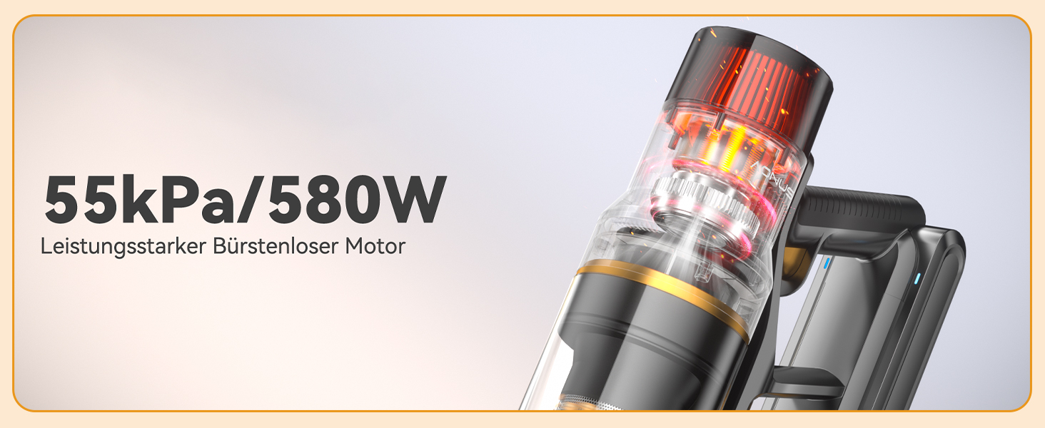 Бездротовий пилосос Aonus 55Kpa 580W з дисплеєм, час роботи до 75 хв, автоматичний режим, для килимів, шерсті тварин та твердих поверхонь, золотий