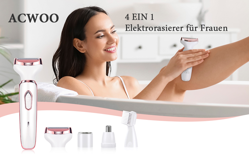 Електричний жіночий тример ACWOO 4-в-1 для обличчя, носа, під пахвами, в зоні бікіні та інтимній зоні, USB-зарядка, рожевий