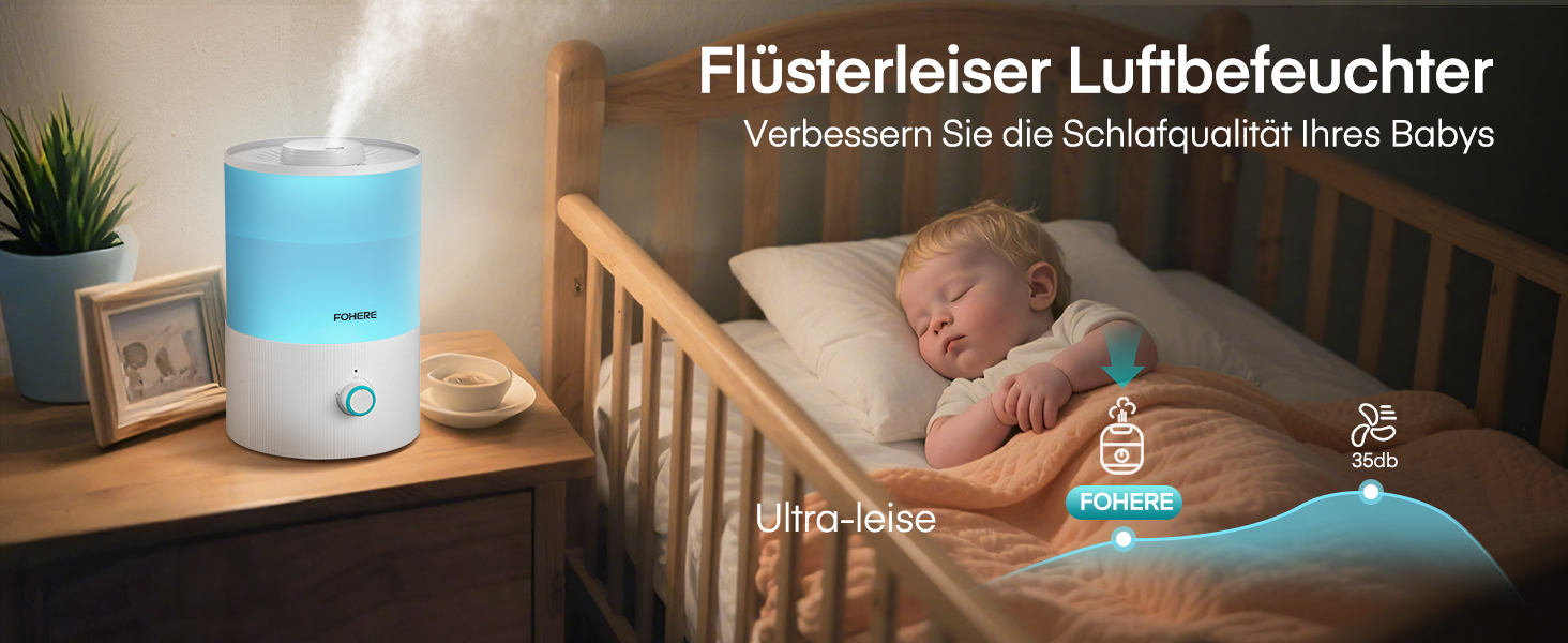 Зволожувач повітря FOHERE для спальні, 3.2л, тихий, для дітей, з верхнім заповненням, 28 годин роботи, 360° охолоджуючий туман, BPA-free, аромадифузор, нічне світло 7 кольорів для рослин, дому, офісу