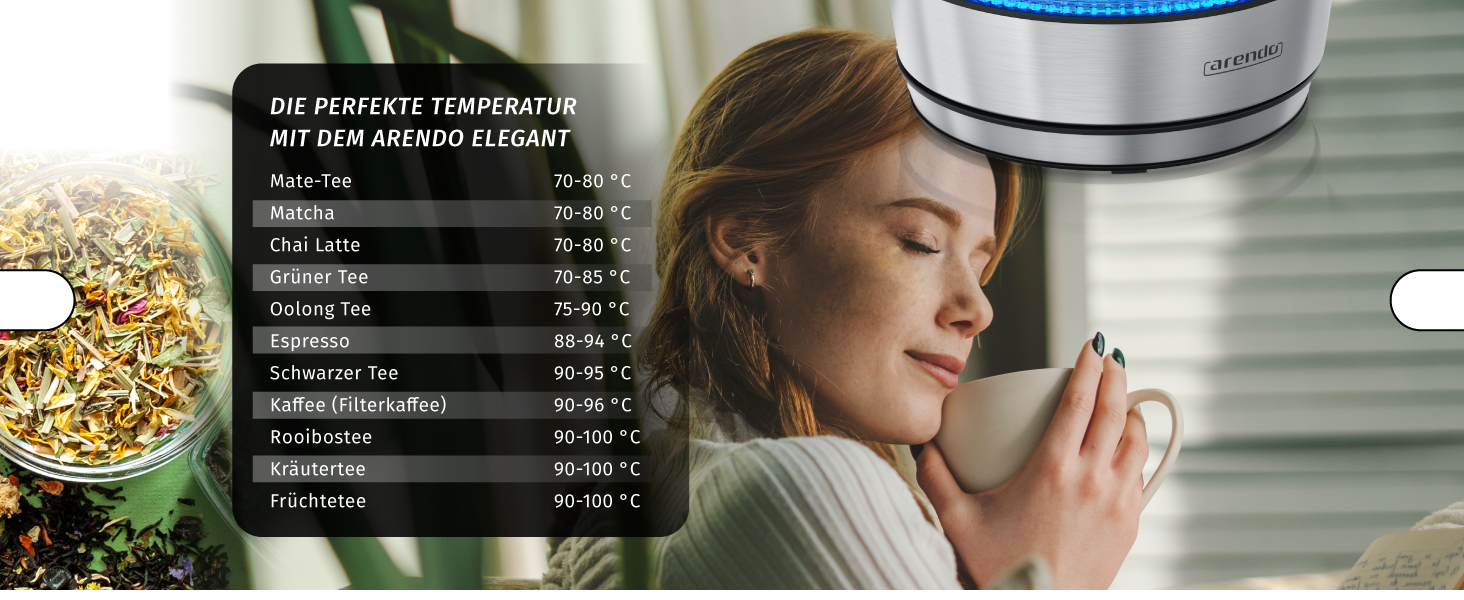 Електричний чайник Arendo зі скляною колбою, регулюванням температури, нержавіючою сталлю, LED-підсвічуванням, 2200 Вт, 1.8 л, 2 кришки (з та без сита для чаю), фільтр від накипу, функція підтримки тепла