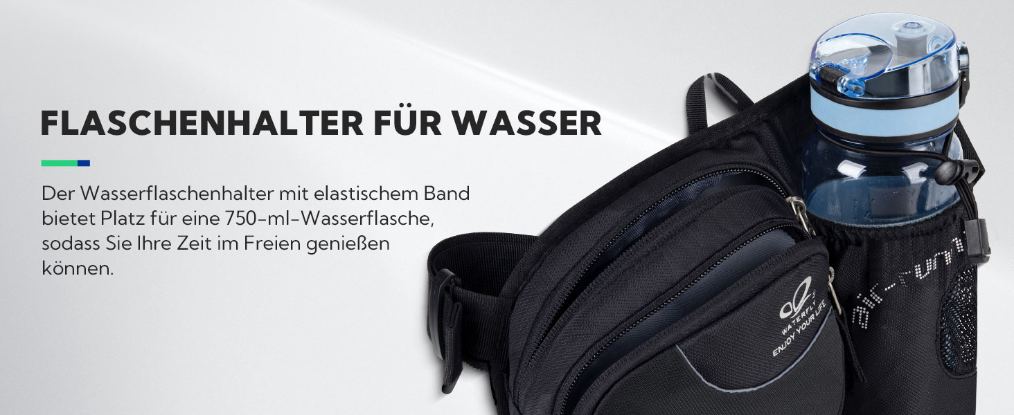 Спортивна поясна сумка Waterfly з тримачем для пляшки, сіра. Для бігу, велоспорту, кемпінгу, подорожей та інших активностей.