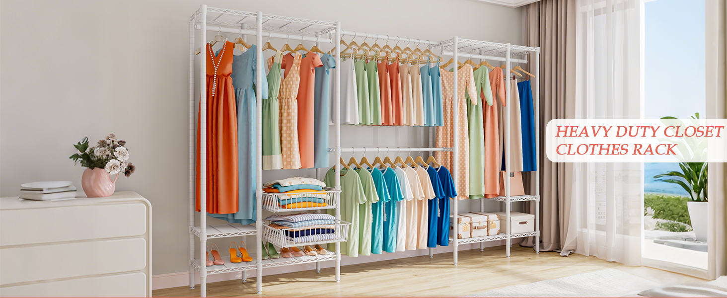Важкий металевий вішак для одягу, розширюваний відкритий гардероб з 2 висувними кошиками, (249-297) x 40 x 192 см, білий