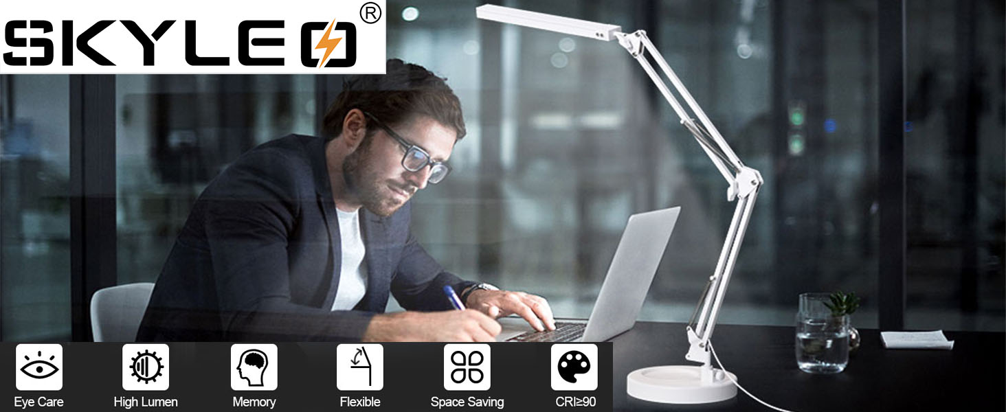SKYLEO Dimmable Desk Lamp with Clip - Eye Protection LED Task Lamp - 3 Modes & 10 Brightness Levels - Black