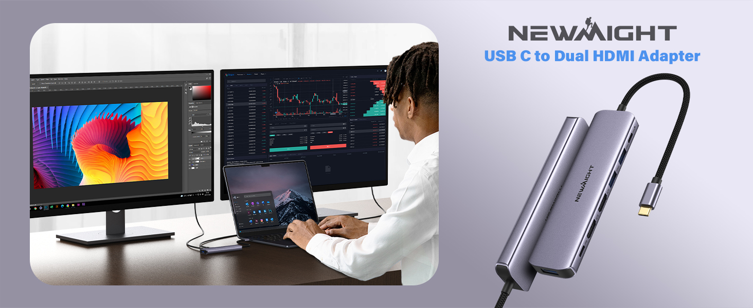 Док-станція Newmight 7-в-1 USB-C з двома HDMI, 3 USB 3.0, 100W PD, для Dell, HP, iPhone 15 Series