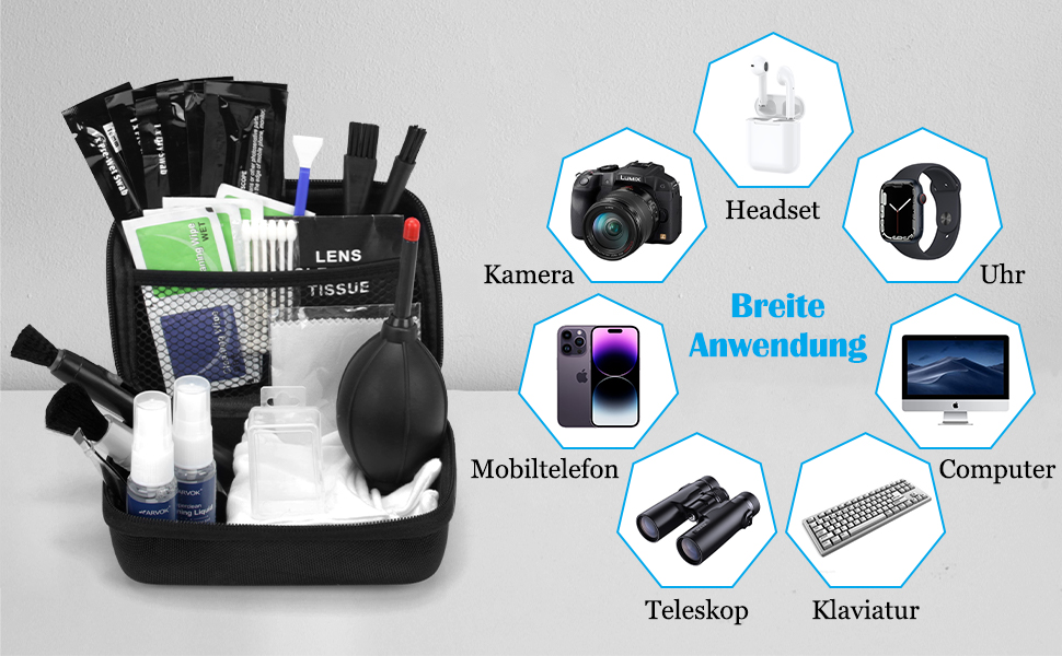 Набір для чищення камери ARVOK: 32 шт. для об'єктивів DSLR, смартфонів, з блоком продування, паличкою та стікером. Вологостійкий комплект.