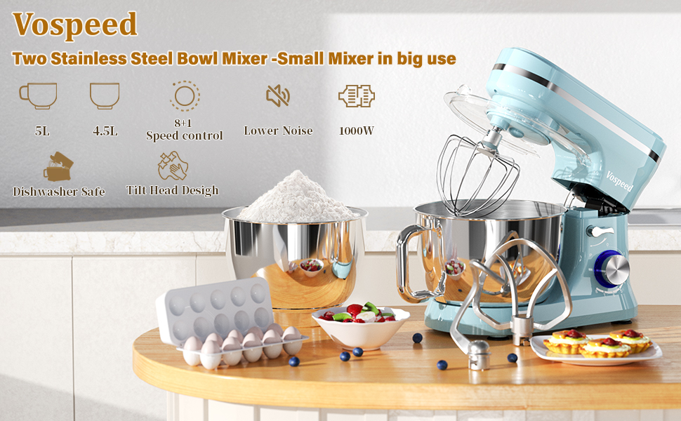 Планетарний міксер Vospeed для замісу тіста 5QT, кухонна машина з чашею з нержавіючої сталі, 8 швидкостей, набір насадок (гак, вінчик, міксер), синій
