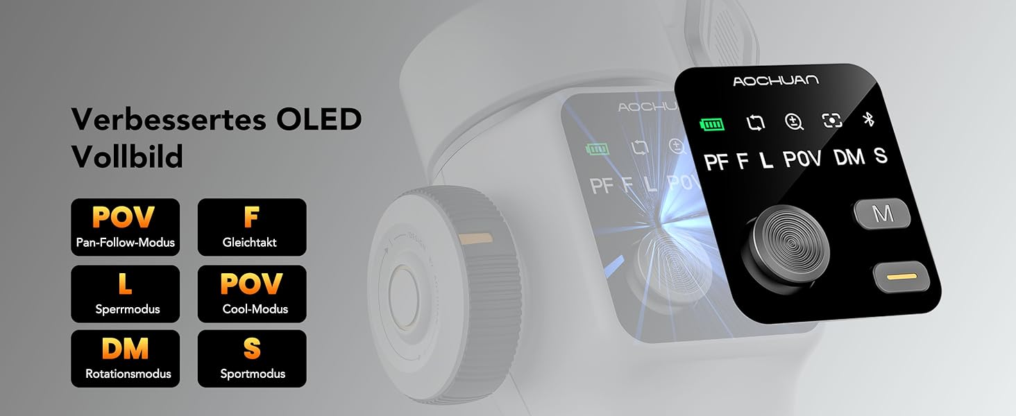 Стабілізатор гіроскоп AOCCHUAN Smart V8 з 7.8-дюймовою штангою, AI-трекінг, OLED-дисплей, кнопка зйомки (Чорний)