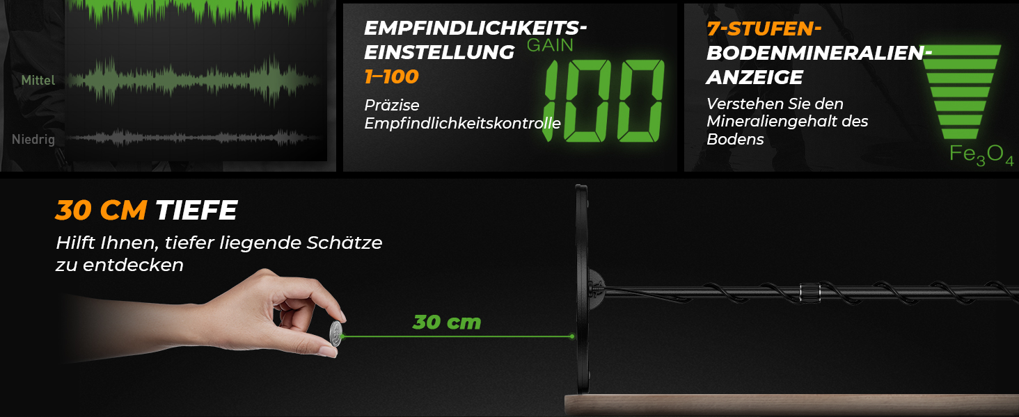 Металошукач професійний для дорослих Metalldetektor з 13'' водонепроникною котушкою DD, частота 19.23 кГц для пошуку срібла та золота, регульована балансування ґрунту, 3 режими пошуку, глибина виявлення 12''