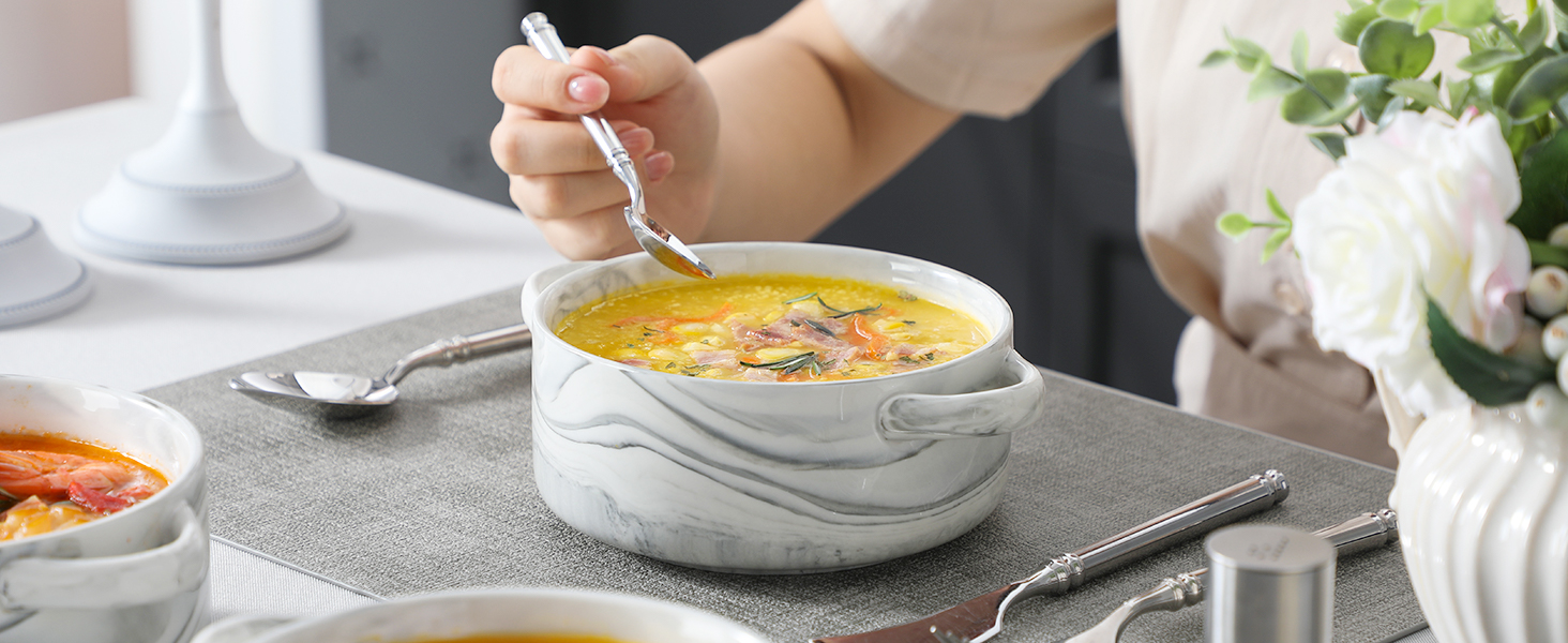 MALACASA Набір супових тарілок з ручками, 800 мл, порцеляна, 4 шт, серія Regular (сірий)