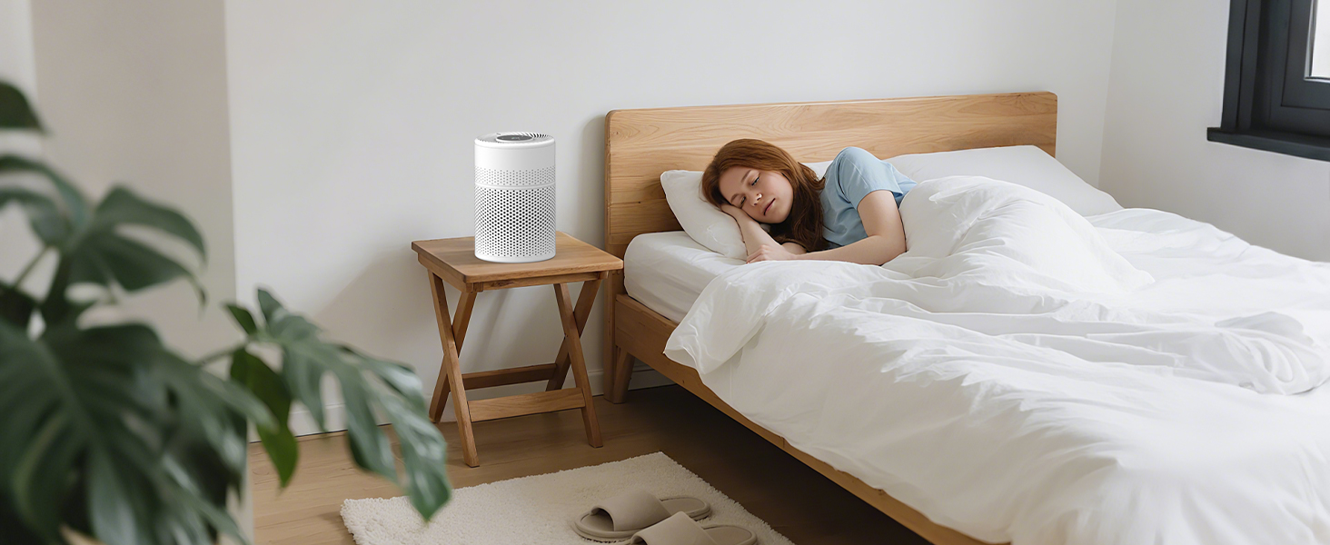 Розумний очищувач повітря WiFi з керуванням через додаток та голосовими помічниками Alexa/Google - 360° повітряний потік, фільтр HEPA H13 (99,97%), нічний режим 20 dB, CADR 90 м³/год, кольорове підсвічування для спальні (KJ1-6)