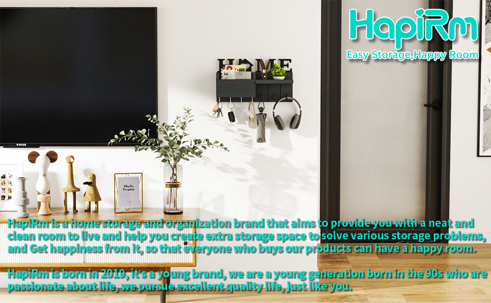 Держатель для ключів HapiRm з декором HOME, дерев'яне ключникове дошка з 7 гачками, з полицею. Підходить для входу, дверей, коридору, спальні, офісу (чорний)