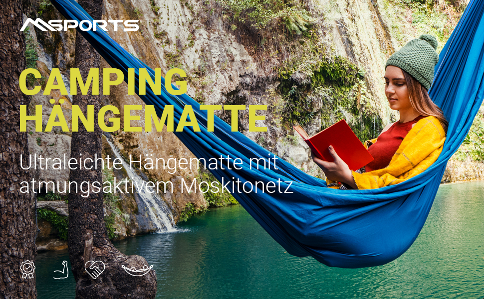 Гамак для кемпінгу MSports Premium Ultraleicht з москітною сіткою | Максимальне навантаження 250 кг, дихаючий матеріал (срібно-сірий)