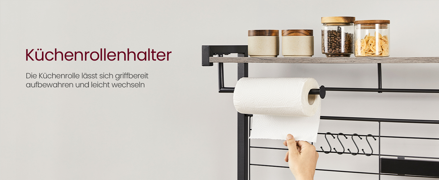 Стелаж кухонний VASAGLE, підлоговий, з магнітною смугою для ножів, кошиком, тримачем для рушників, 12 гачків, вінтажний, коричнево-чорний KKS026B01 (Грейж + Чорний)