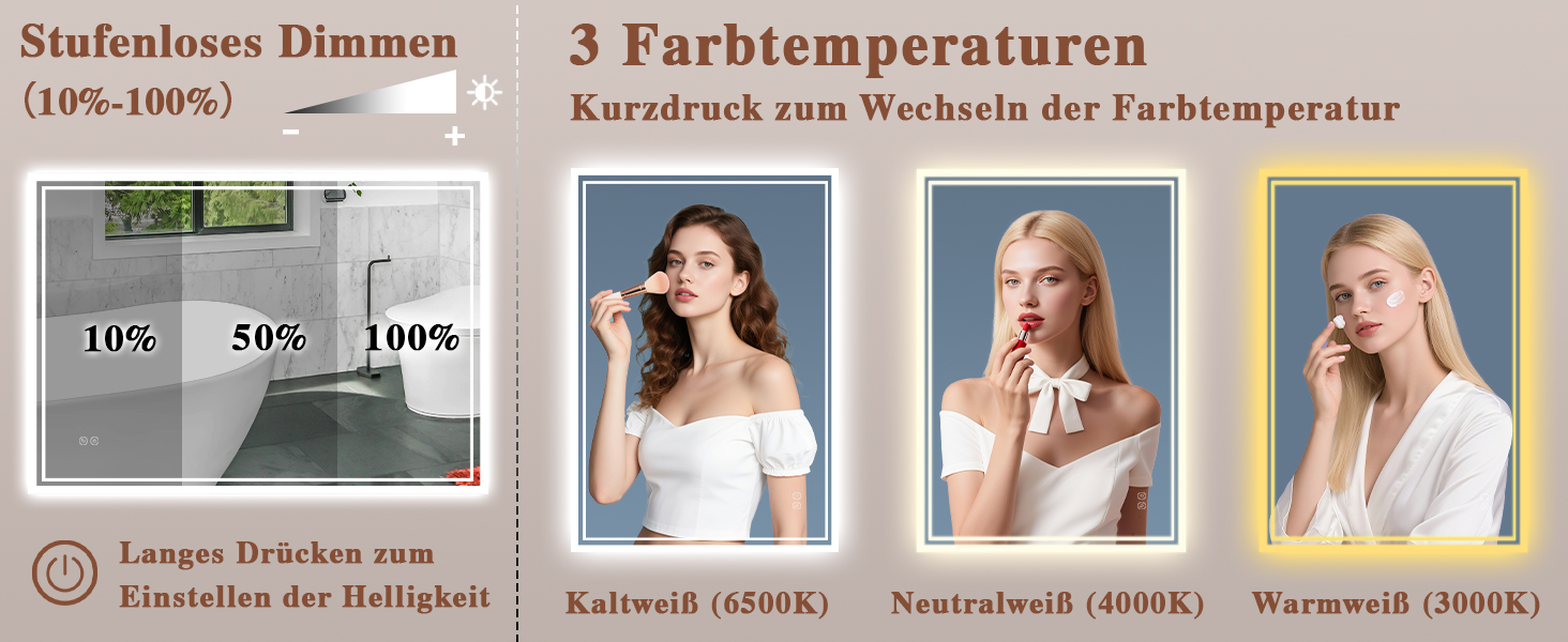 Дзеркало для ванної кімнати з підсвічуванням LED, антизапітніння, сенсорний вимикач, регулювання яскравості, 3 кольори світла, овальне, 50x70 см