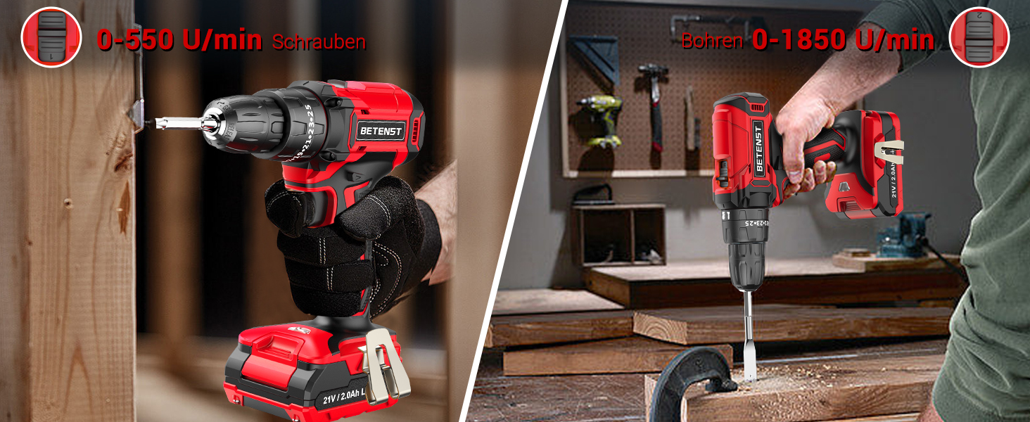 Акумуляторний шуруповерт BETENST 21V з 2 акумуляторами 2.0Ah, 42Nm, 25 моментів, 2 швидкості, LED-ліхтик, 30-ти елементний набір для дому та саду, DIY проєкти
