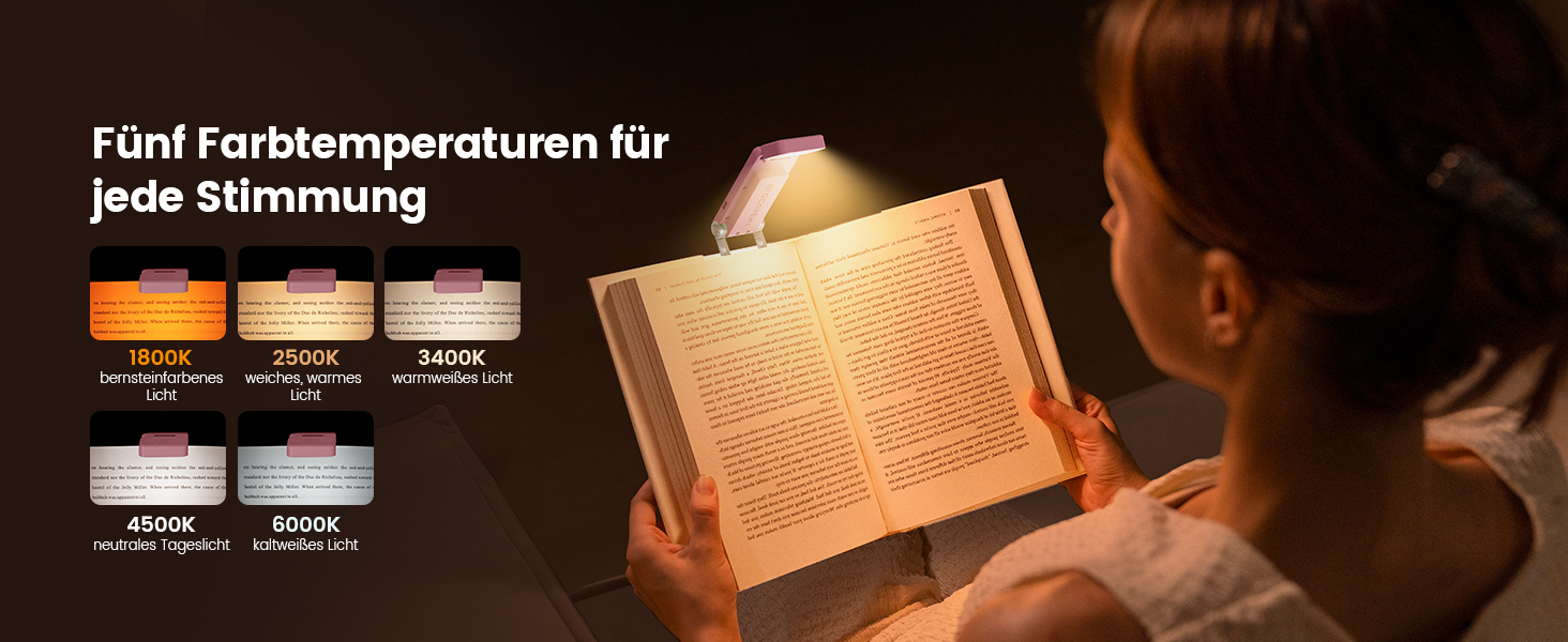 Світлодіодна кліпса для читання Glocusent 12 LED з затискачем, рожева: лампа для книги в ліжко, 5 кольорів, 5 рівнів яскравості, 100 годин роботи, для дітей та любителів читати