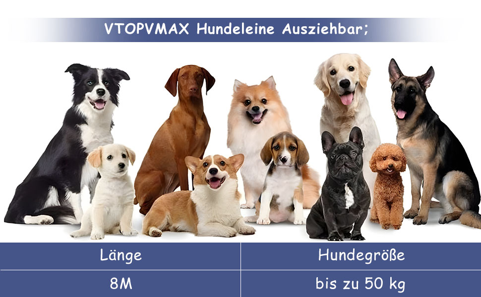 Висувна поводок для собак VTOPVMAX - для середніх та великих собак до 50 кг, міцна висувна стрічка, безпечний кабель, диспенсер для відходів, гальмо однією рукою (білий) (8 м, блакитний)