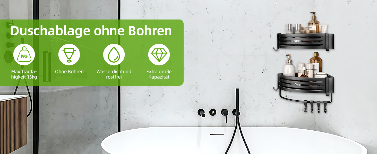 Дзеркальна поличка для душу Carehabi без свердління, 2 шт. з 8 гачками, чорна. Органайзер для ванної кімнати, кухні